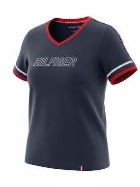 Tommy Hilfiger Navy Blue Short Sleeve V-Neck Tee with Red Trim